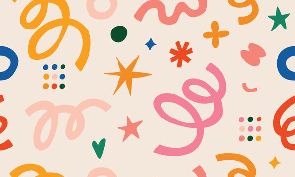 Seamless hand-drawn pattern with bold lines in the shape of serpentines. Festive Design for Backdrop, Wrapping Paper and Textiles. Vector illustration