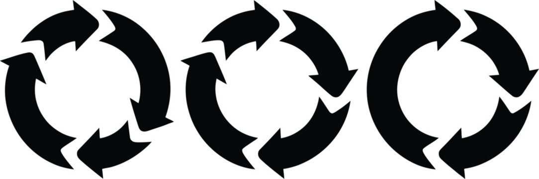 Set of three circular recycling arrow symbols depicting continuous cycle process with eco friendly recycling circular environment sustainability ecological conservation