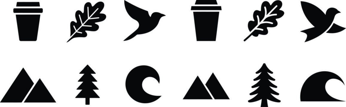 Collection of diverse black vector nature and outdoor icons including coffee cups oak leaves flying birds mountains pine trees crescent moon ocean waves with outdoors