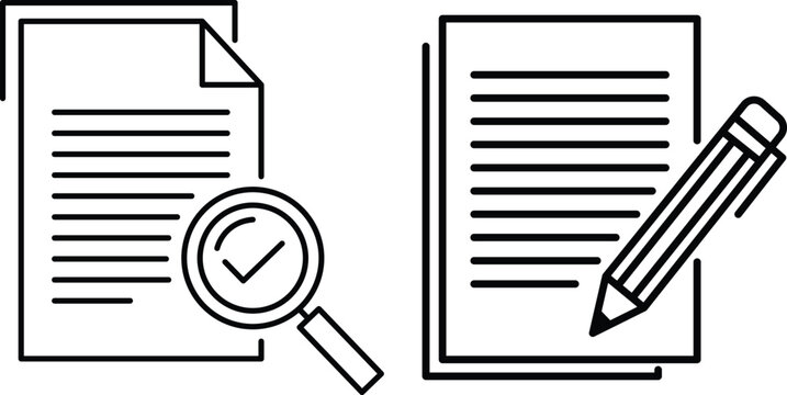 Black and white of document with magnifying glass and checkmark, and document with pencil paper