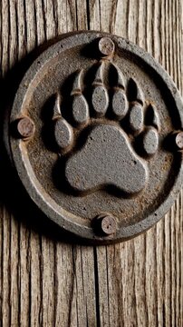A close-up of a weathered rustic metal bear paw print emblem affixed with rusty nails to an old weathered wooden post with dramatic lighting and shadow creating a sense of wilderness and nature