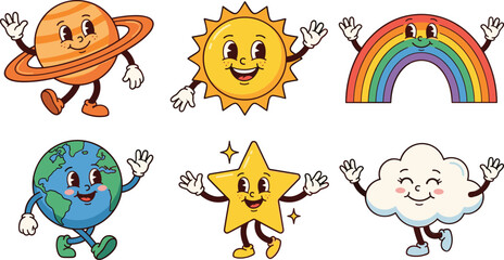 Retro cartoon space characters collection featuring smiling sun moon earth planets and rainbow in vintage rubber hose style © MDMizanur
