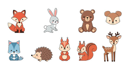 Fototapeta premium This cute vector illustration collection features a funny set of cartoon farm and zoo animals including a cat, dog, cow, and elephant character
