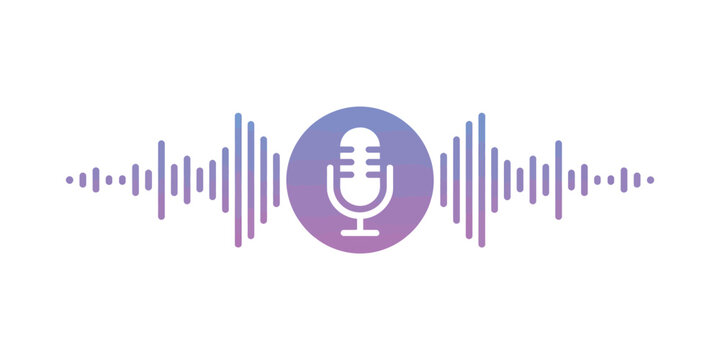  Podcast microphone icon with purple sound wave audio frequency for radio broadcasting and voice recording studio concepts.