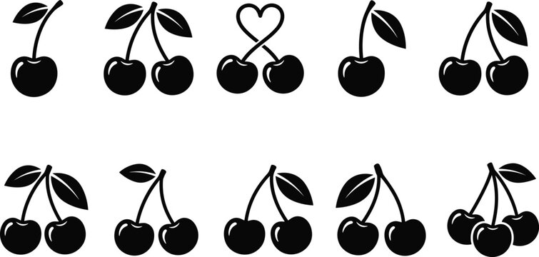 Set of black cherry icons with stems and leaves in various fruit cluster styles