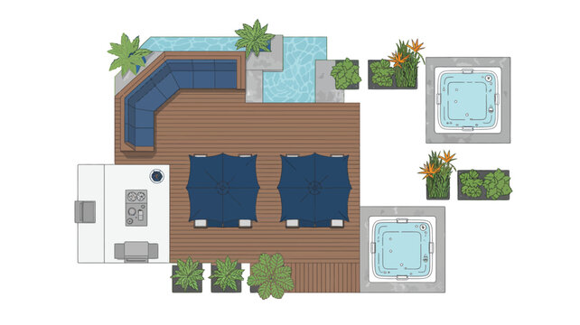 Top down 2d architectural plan of a modern backyard wooden deck with outdoor sofa, umbrellas, pool, and jacuzzi for landscape design layout.