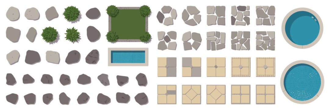  Top view landscape design elements set with garden plants, swimming pools, stone paths, rocks, and patio pavers isolated on white background.