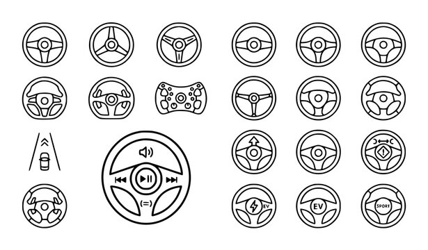 Minimal outline steering wheel icon set for automotive control and vehicle driving interface vector illustration