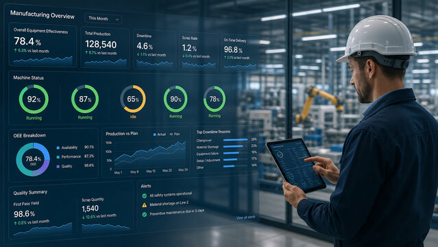 Engineer monitoring industrial manufacturing dashboard with digital tablet in smart factory