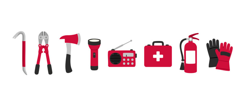 Emergency survival kit equipment collection with rescue tools and first aid gear, flat vector icons set for disaster preparedness, safety supplies including fire extinguisher, crowbar, axe, and medica
