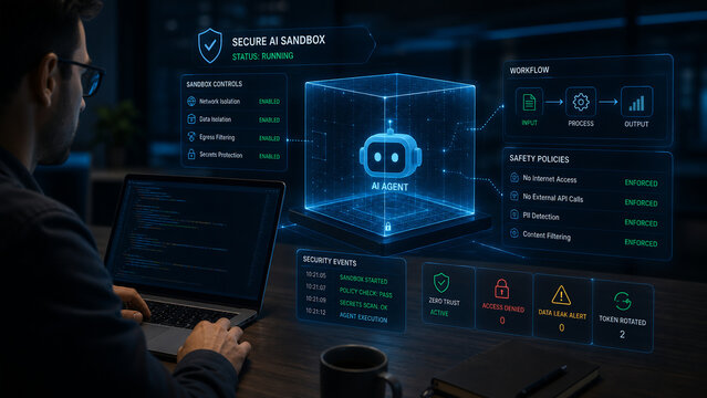 Cybersecurity Professional Monitoring Secure AI Sandbox Environment with Holographic Interface