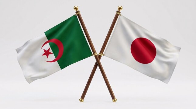 Flags of algeria and japan crossed on wooden poles with gold accents on a light gray background