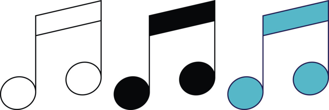 Set of three eighth note musical symbols in outline solid black and blue color flat style.