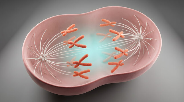 3D cell undergoing mitosis with chromosome spindle fiber separating into two cell