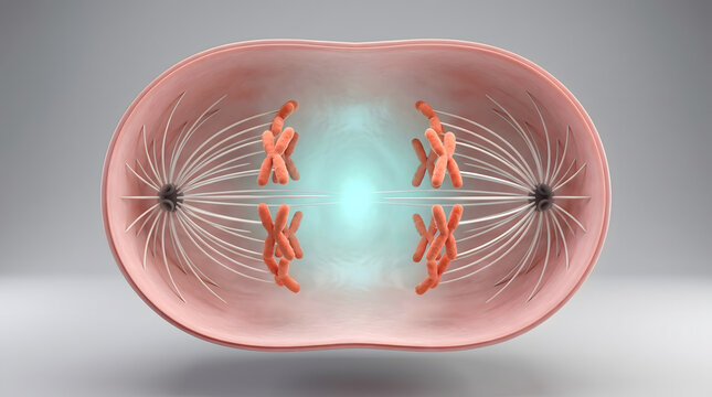 3D cell in anaphase stage with chromosome being pulled to pole by spindle fiber