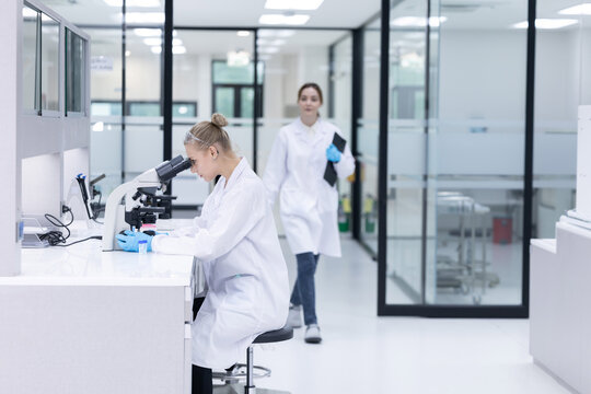 Scientist looking through a microscope in a laboratory