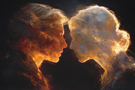 Abstract Portrait of Two Faces in Fire and Ice, Emotional Close Up of Lovers in Light and Shadow, Symbolic Twin Flame and Soulmate Connection in Dark Blue and Golden Glow Background