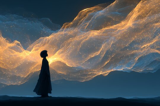 Silhouette of Woman Under Glowing Cosmic Cloud, Spiritual Abstract Night Landscape with Golden Light Flow and Deep Blue Sky, Symbolic Scene of Twin Flame and Soulmate Connection