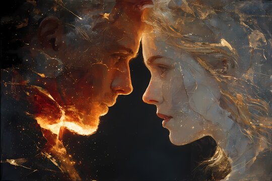 Abstract Portrait of Two Faces in Fire and Ice, Emotional Close Up of Lovers in Light and Shadow, Symbolic Twin Flame and Soulmate Connection in Dark Blue and Golden Glow Background