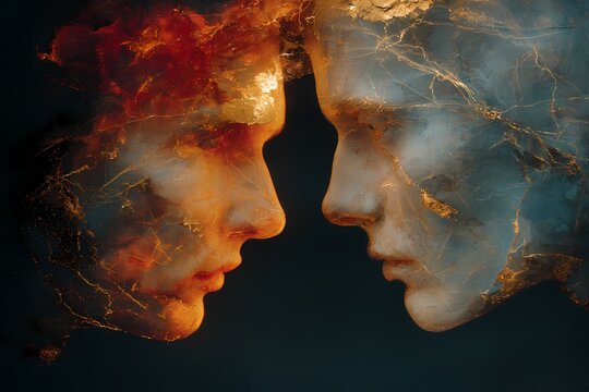 Abstract Portrait of Two Faces in Fire and Ice, Emotional Close Up of Lovers in Light and Shadow, Symbolic Twin Flame and Soulmate Connection in Dark Blue and Golden Glow Background
