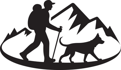 Fototapeta premium Hiker and dog silhouette on mountain path. logo Vector Black silhouettes
