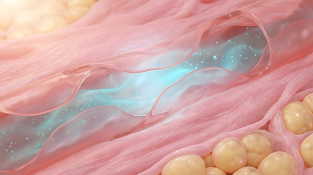 3D blood vessel cross section showing collagen fiber pink tissue fat cell and glowing particle flow