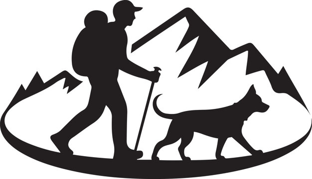Hiker and dog silhouette on mountain path. logo Vector Black silhouettes