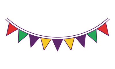 Fototapeta premium Festive decorative garland with colorful triangular pennants on two parallel strings isolated on white background celebration party concept