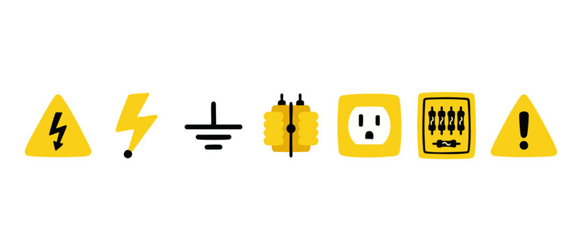 Electrical Hazard Warning Icons Set for Industrial Safety Signage and Blueprint Documentation, Featuring Voltage, Grounding, Circuit Protection and Power Socket Symbols for Technical Engineering Diagr