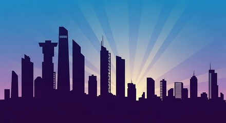 Obraz premium A striking silhouette of a futuristic city skyline bathed in warm sunset light, perfect for business presentations, travel marketing, or urban lifestyle branding.