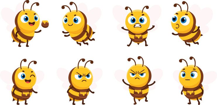 Cute bee cartoon character set with different emotions and poses, funny insect mascot collection for kids design, stickers, animation, and educational use