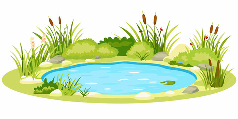 Cartoon pond with blue water and lush vegetation vector illustration © Nirob