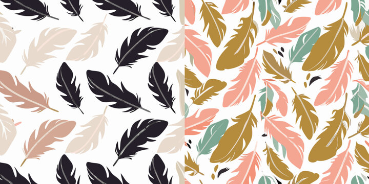 Feather pattern seamless design with falling feathers on white background