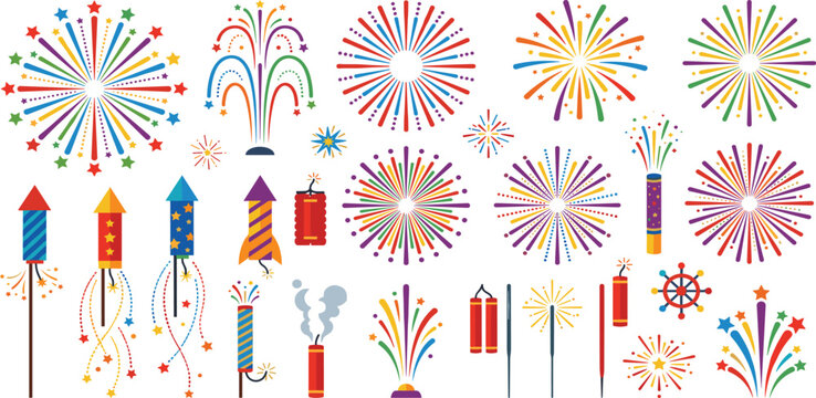 Large collection of colorful fireworks and firecrackers vector illustration set for festive holiday party and celebration events