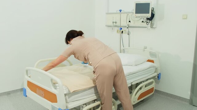 Nurse smooths beige blanket across made hospital bed in ward. Medical worker straightens cover edge finishing tidy bedding setup for patient