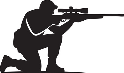 Naklejka premium Soldier sniper silhouette kneeling rifle aiming. logo Vector Black silhouettes