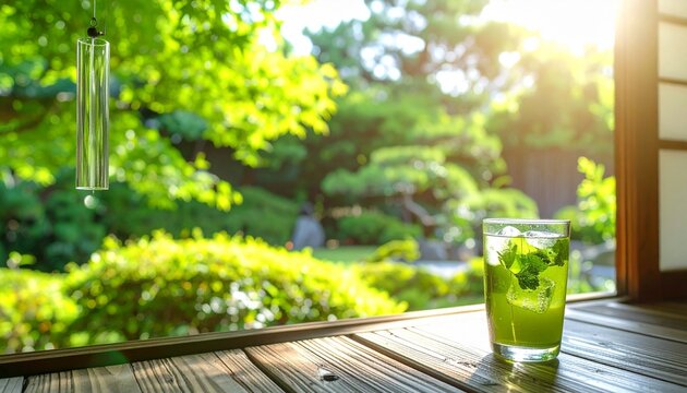 Iced green tea glass on wooden deck with glass wind chime and Japanese garden background, summer Japan concept