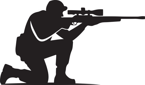 Soldier sniper silhouette kneeling rifle aiming. logo Vector Black silhouettes