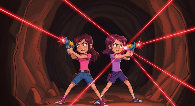 Vibrant animated scene of two young girls playfully aiming futuristic toy laser guns in a glowing red lit cave, ideal for childrens media, gaming, educational content, and creative marketing campaigns