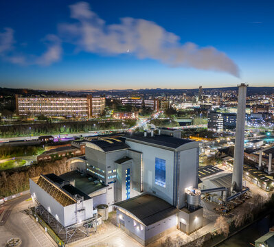Sheffield Energy Recovery Facility ERF Sheffield at Twilight. Aerial Drone View of Waste To Energy Plant and Industrial Infrastructure in England UK.