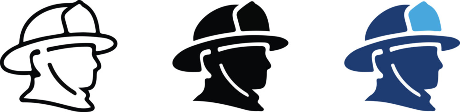 firefighter helmet profile icon set outline silhouette blue vector flat fire department emergency safety rescue ui design