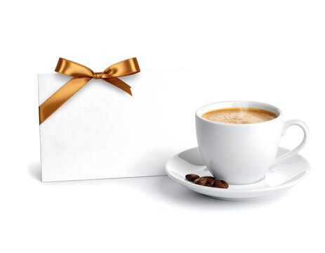 Blank card with golden ribbon, beside a white coffee cup.  Steam rises from the coffee.  Coffee beans are on the saucer.  Isolated on white background
