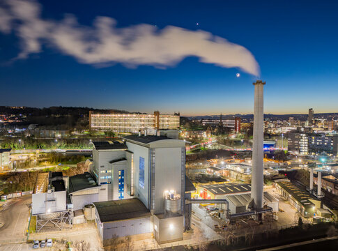 Sheffield Energy Recovery Facility ERF Sheffield at Twilight. Aerial Drone View of Waste To Energy Plant and Industrial Infrastructure in England UK.