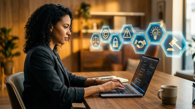 Cybersicherheit und Compliance am Laptop im B&uuml;ro mit Businessfrau und digitalen Rechtssymbolen