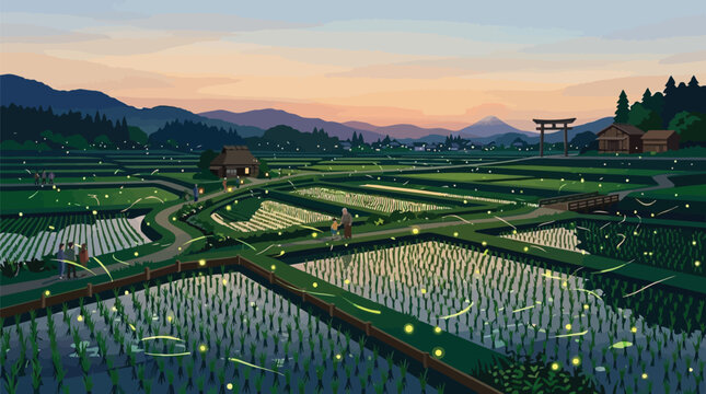 Traditional Japanese rice fields glowing with fireflies at dusk near a rural village shrine isolated on white background