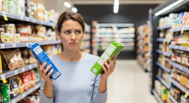 Female shopper compares products in grocery store aisle deciding on purchase with thoughtful expression