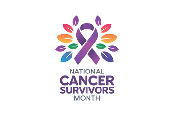 Fototapeta premium National Cancer Survivors Month graphic with colorful ribbon and leaves for healthcare awareness