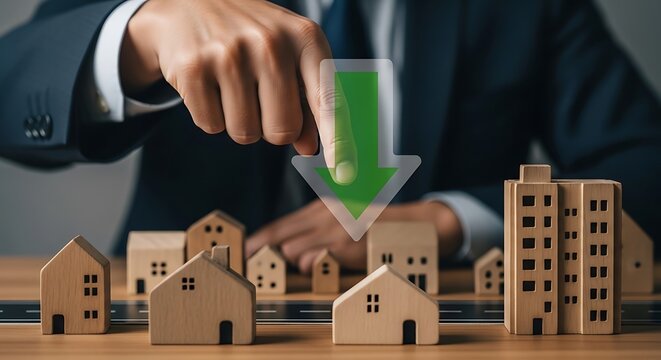 A close up shot of a business professionals hand pressing a green downward arrow over wooden mini house models, symbolizing real estate decline or market correction. Ideal for business, finance, and r