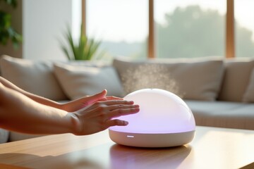 Fototapeta premium Hands over glowing aromatherapy diffuser on wooden table in living room