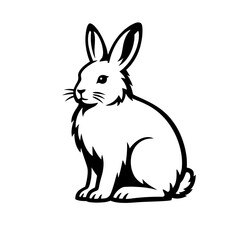 Obraz premium Black and white illustration of a cute rabbit sitting on a plain background, looking to the side with big ears perked up